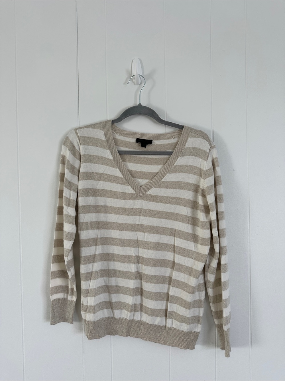 Worthington Beige and Cream Striped V-Neck Sweater